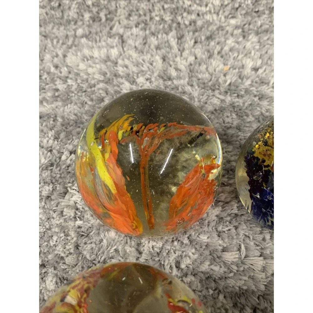 4 Hand Blown Art Glass Paperweight Bubble Sphere Yellow‎ Orange Blue Red